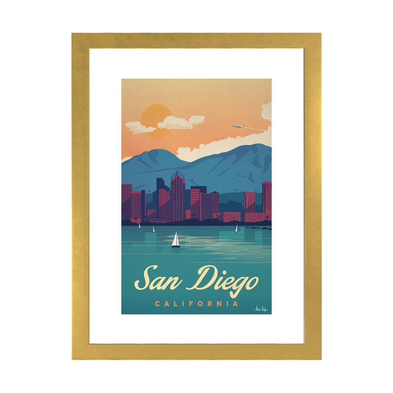 San Diego - impression d'art graphique, H 32 po x l 24 po x P 1 po, Papier encadré doré, Blanc
