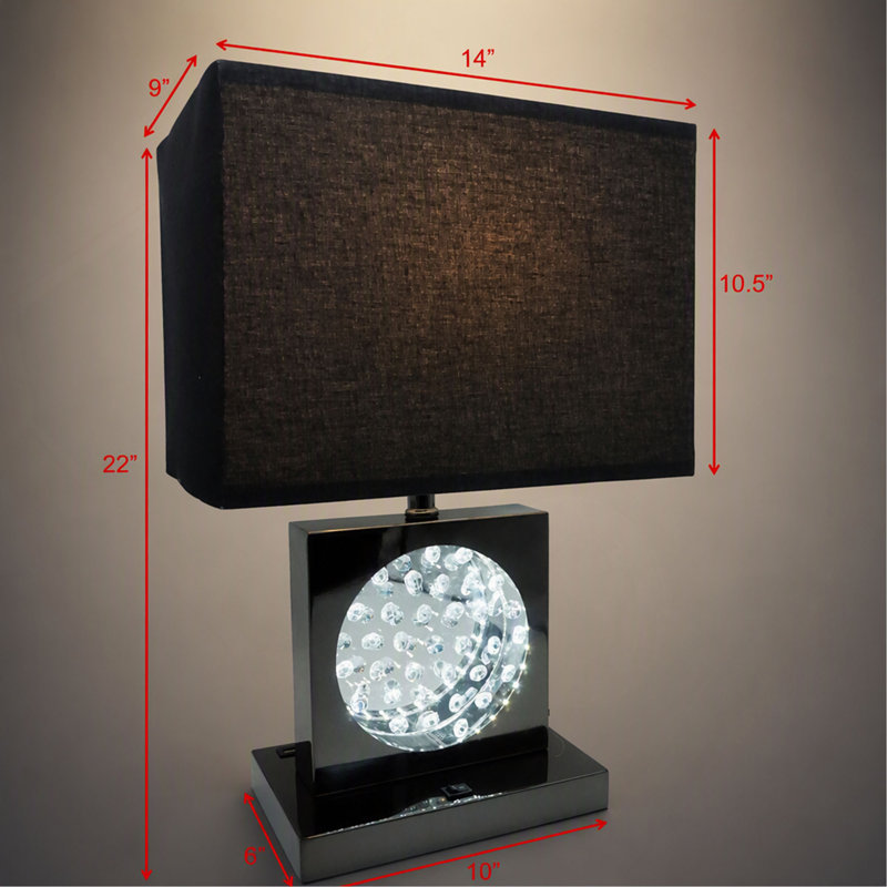 Lampe de table, fini cristal de luxe, nickel noir, lampe tactile à DEL, abat-jour rectangulaire
