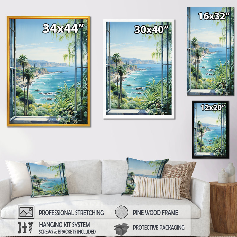 «Tropical Windows To The Beach III - Coastal Windows», art mural, Cadre flottant brun, 20" H x 12" W