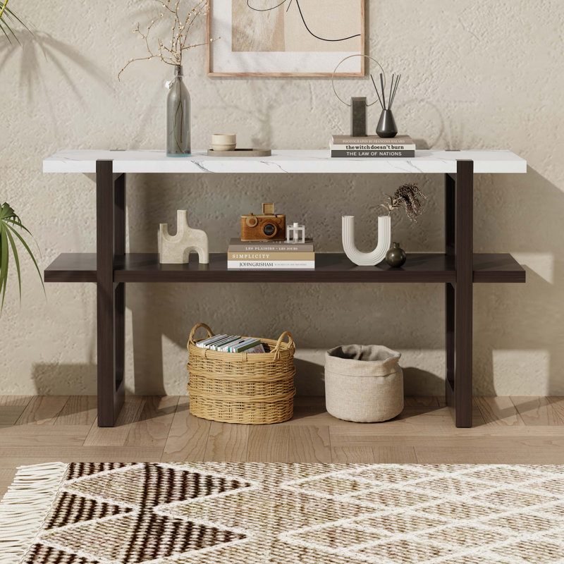 Wood Console Table with  Open Shelf,  Marble-Effect Top, Espresso