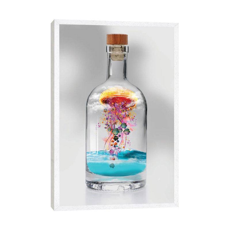 Electric Jellyfish in a Bottle 1 Piece Wall Art on Canvas, 66.04cm H x 45.72cm W x 3.81cm D, White Framed