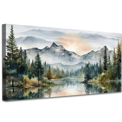 Mountain Forest Canvas Wall Art for Living Room, Panoramic Lake Reflection Landscape Wrapped Canvas, Misty Pine Tree Nature Wall Decor for Bedroom Office, 1.5 Inch Thick Waterproof, 16×32 Inch