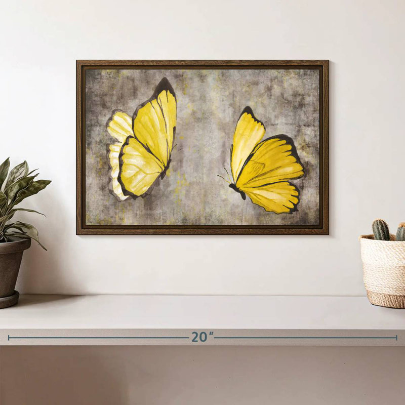 Papillons jaunes, 13 po x 9 po, Cadre flottant en noyer