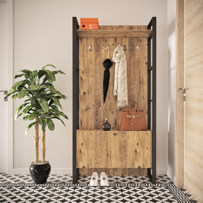 Meuble de vestibule industriel, pin atlantique, 35,4 x 70,9 x 13,4 pouces | 100% panneau de particules enduit de mélamine, épaisseur: 0,7 pouce | Structure en métal robuste, solution de rangement élégante pour le vestibule et l'organisation à la mai