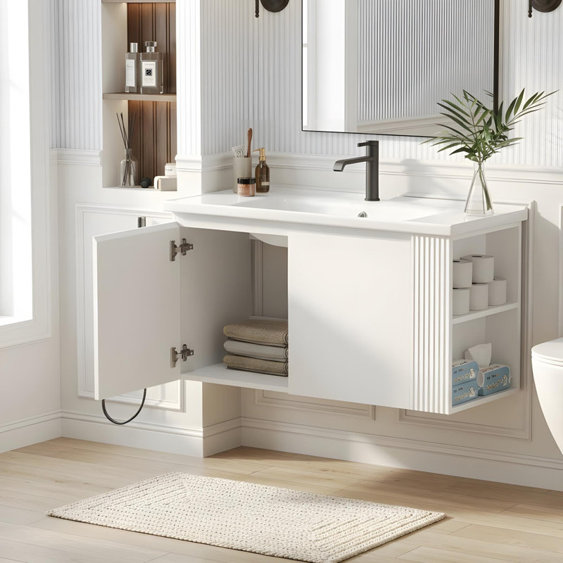 Meuble-lavabo mural 36 po avec portes à fermeture douce et deux tablettes à ouverture latérale