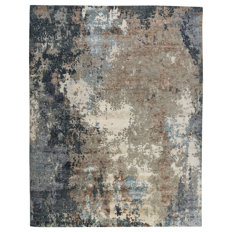 Blue Abstract Hand-Knotted Wool and Silk Rug, 2' x 3'