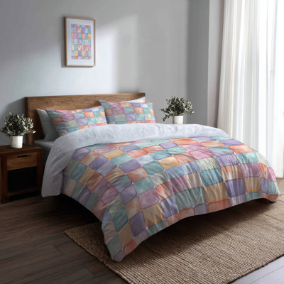 Patchwork Comforter Set 6 Pcs - Modern Yellow And Blue Pastel Bubble Tiles Comforter Bedding Set