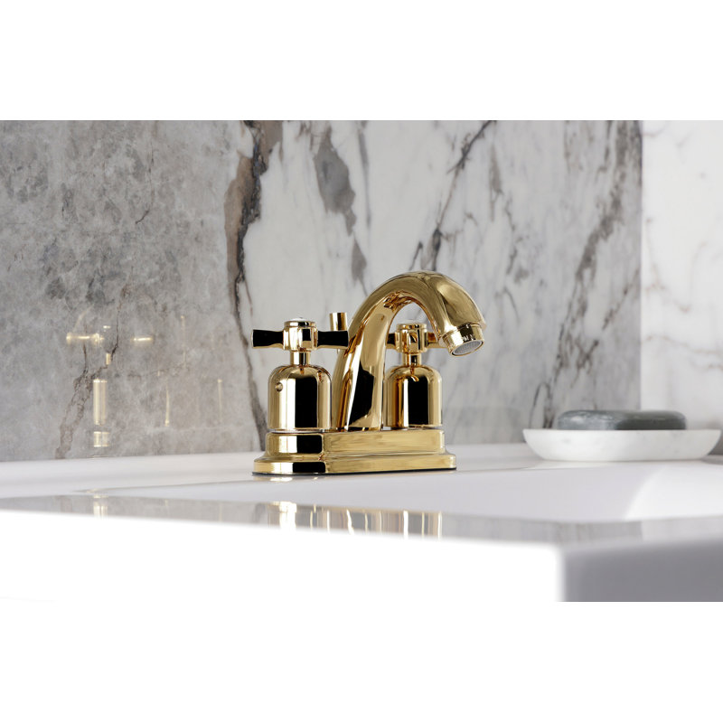 Robinet de salle de bain central à 4 poignées à 3 trous à fixation sur le comptoir à 3 trous Kingston, Laiton poli
