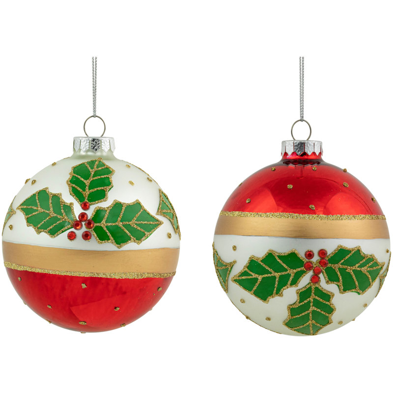 Set of 2 Red and White Glass Holly Christmas Ornaments