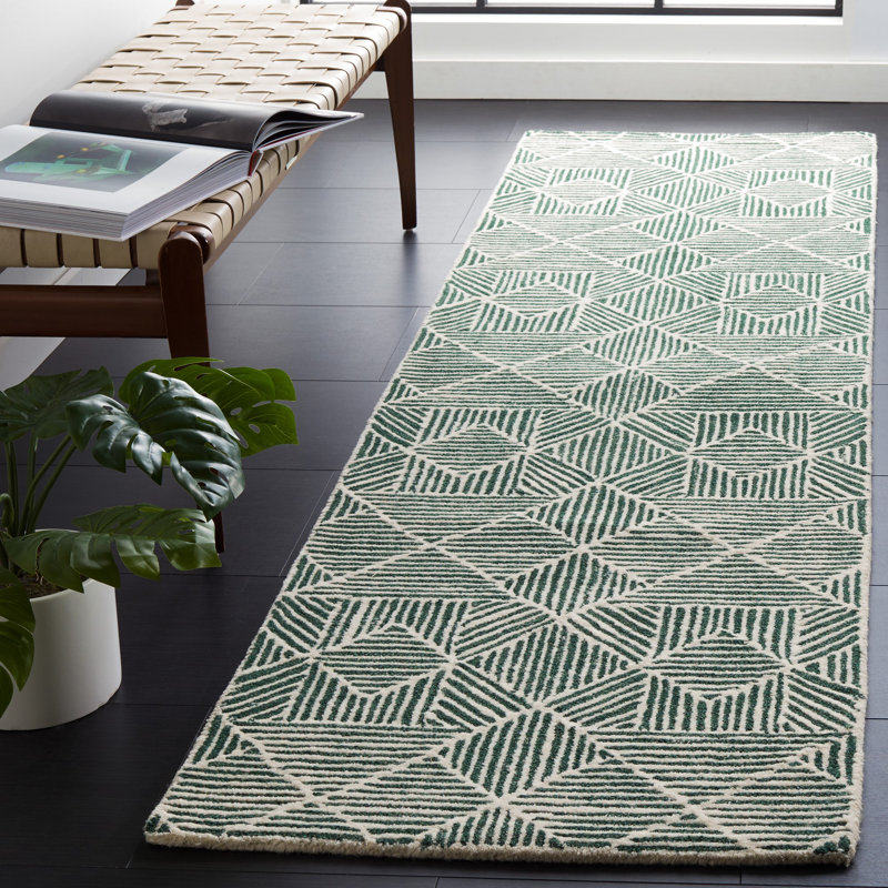Tapis vert foncé / ivoire touffeté à la main Demetrius, Tapis de couloir 2 pi 3 po x 14 pi