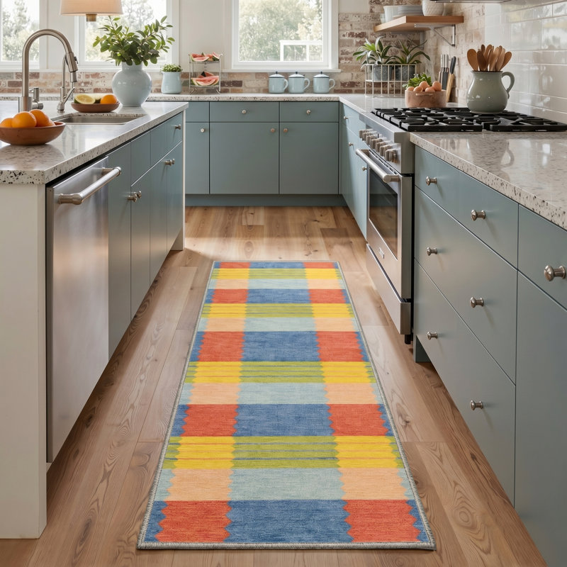 Liadan Verve Modern Machine Washable Blue / Red / Yellow Indoor Area Rug with Non-Slip Backing, Runner 2' x 6'