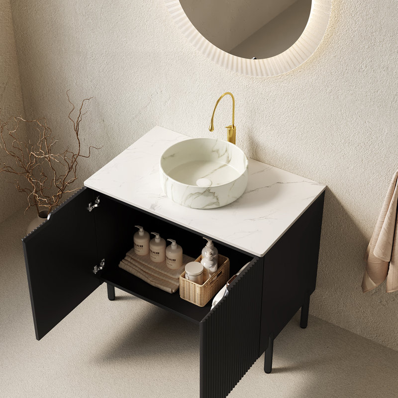 Turio 30" Bathroom Vanity With Sink, Freestanding Bathroom Storage Cabinet With 2 Doors, White Round Ceramic Basin With Stone Pattern And Carrara White Counter Top, No Faucet