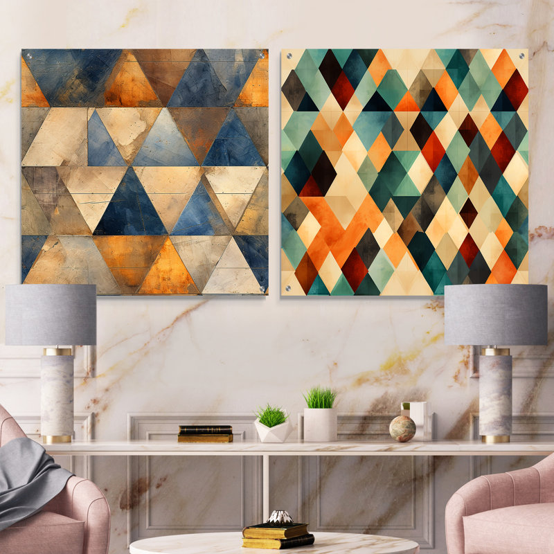 Mosaïque de triangles beiges et bleus - ensemble abstrait d'art géométrique mural en acrylique sur verre, H 16 po x l 33 po