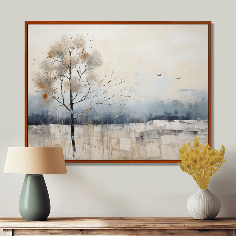 Minimalisme beige et bleu campagne II - impressions sur toile campagne, H 16 po x l 32 po x P 1 po, Cadre flottant brun