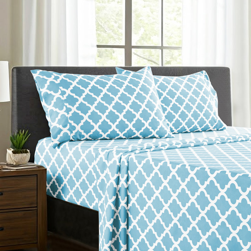 Ensemble de literie en microfibre 4 pièces Lux Decor Collection, Ensemble de draps pour lit simple avec 1 taie d'or, Bleu