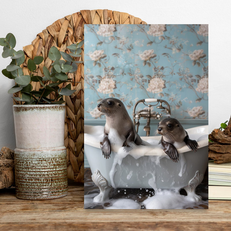 Baby Seals Bubble Bath Playful Vintage Animal Architecture Wall Art Print 1 Piece Wrapped Canvas Wall Art