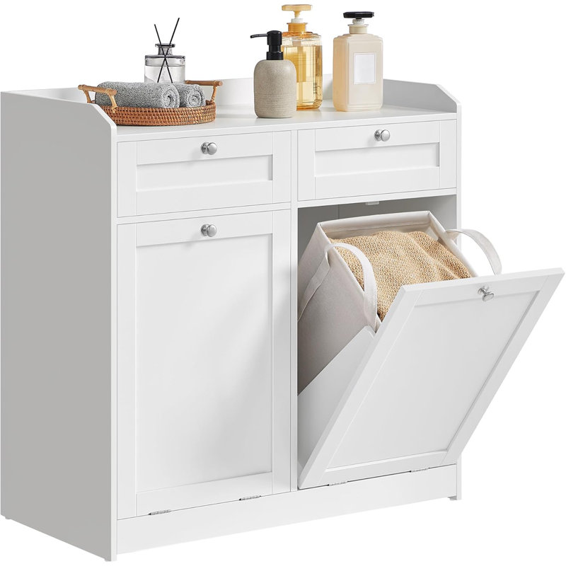 White Freestanding Bathroom Cabinet with Dual Hampers