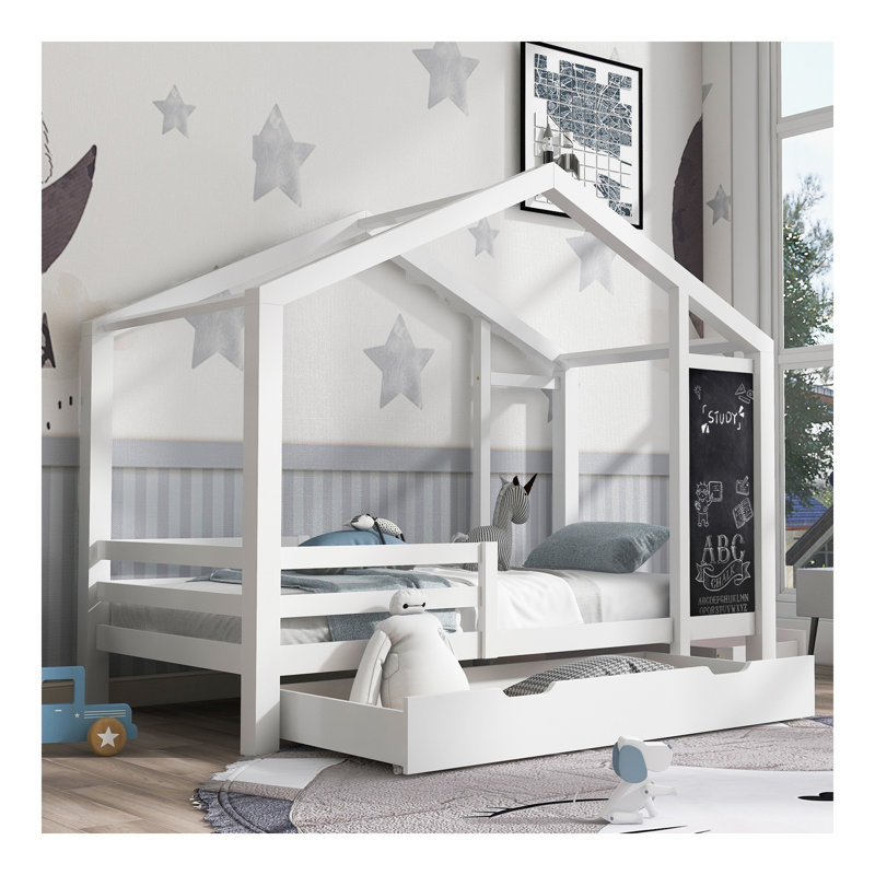 Lit double avec tableau noir et tiroirs, deux options d'assemblage, blanc