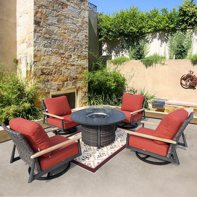 Mikaylin Wicker 4 - Person Patio Conversation Set with Cushions, Gray, Red