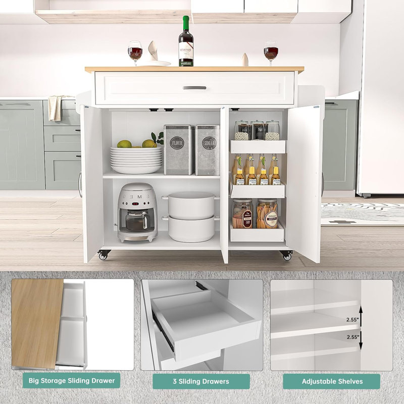 White Engineered Wood Kitchen Cart with Drop Leaf and Spice Rack