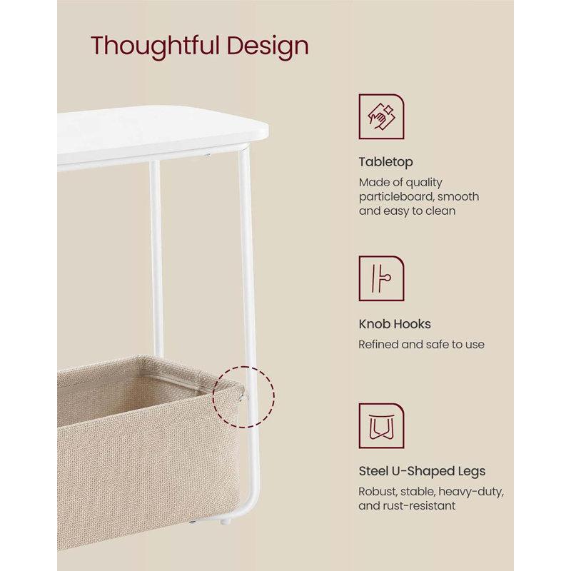 End Table, Small Bedside Table With Fabric Basket, Modern Nightstand, Rectangular Side Table, For Living Room, Bedroom, Matte White And Camel Brown