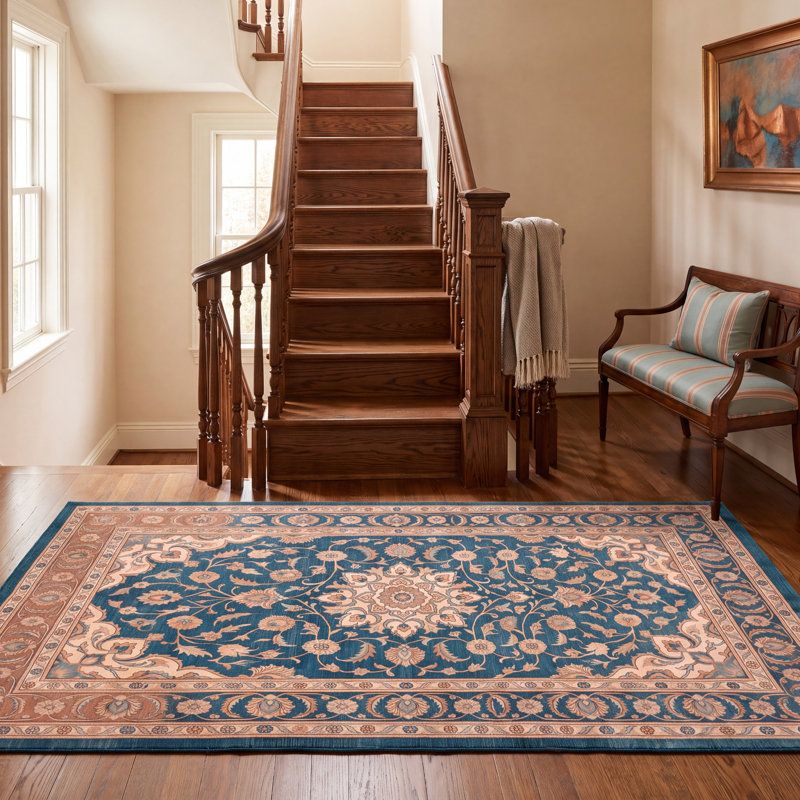 Tapis Granite2 traditionnel à médaillon délavé, style persan, bleu sarcelle, or et crème, lavable à la machine, antidérapant, à poils courts, pour l'intérieur et l'extérieur, adapté aux animaux domestiques, idéal pour le salon, la chambre, la salle à manger, l'entrée, le couloir ou le bureau.