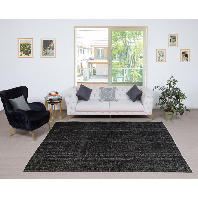 Tapis noir en laine fait à la main 6,8 x 9 pi. Tapis turc rétro pour le salon