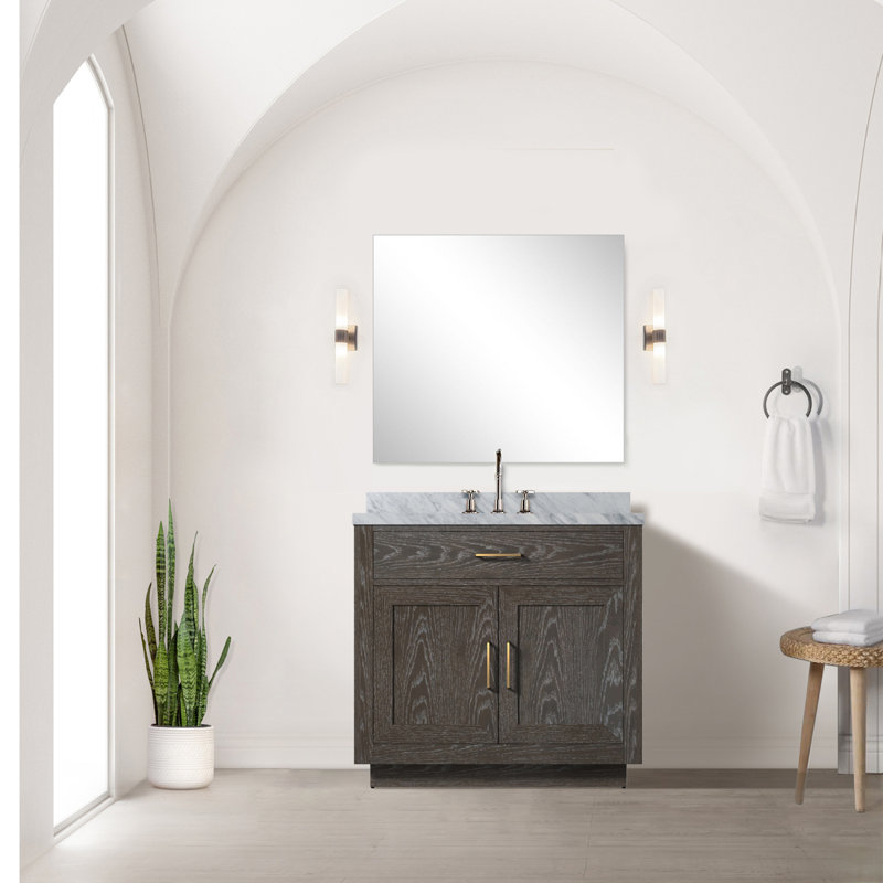 Single Bath Vanity 36 In. W X 22 In. D, Carrara Marble Countertop And 34 In. Mirror, Brown Oak