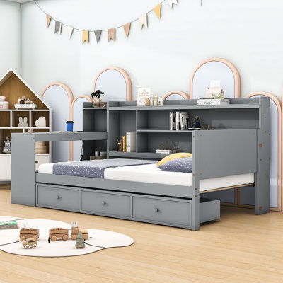 Wooden Daybed with 3 Drawers and Shelves and Built-in-Desk by Red Barrel Studio