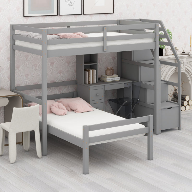 Lit mezzanine avec lit autonome, escalier de rangement, bureau, tablettes et tiroirs, gris