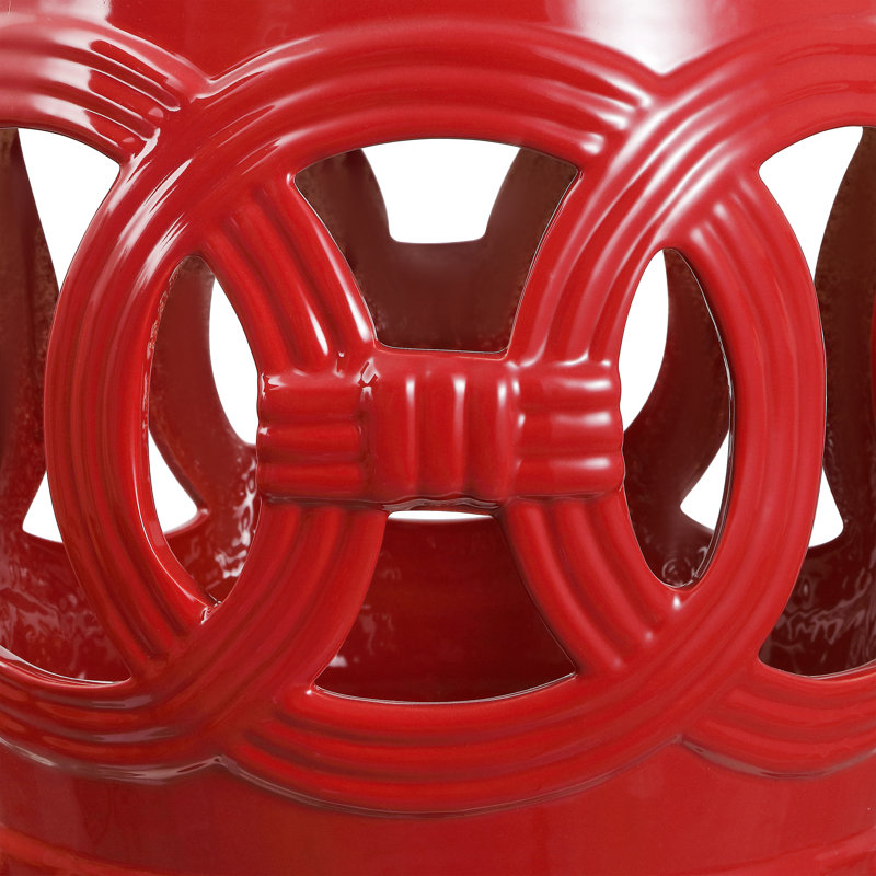 Lucky Coins - Tabouret de jardin 16 po en céramique rouge mat à découpes et anneaux emboîtables, table d'appoint intérieure et extérieure, siège et support pour plante