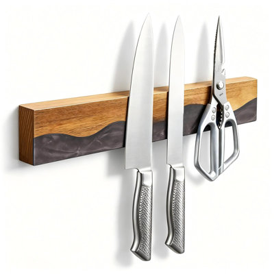 Bandes de couteau magnétiques, porte-couteau magnétique de 16 pouces pour bois d'acacia mural et résine noire, sans support de perceuse, magnétique ou adhésif pour réfrigérateur, rangement pour outils de cuisine, cadeau de cuisine pour chef