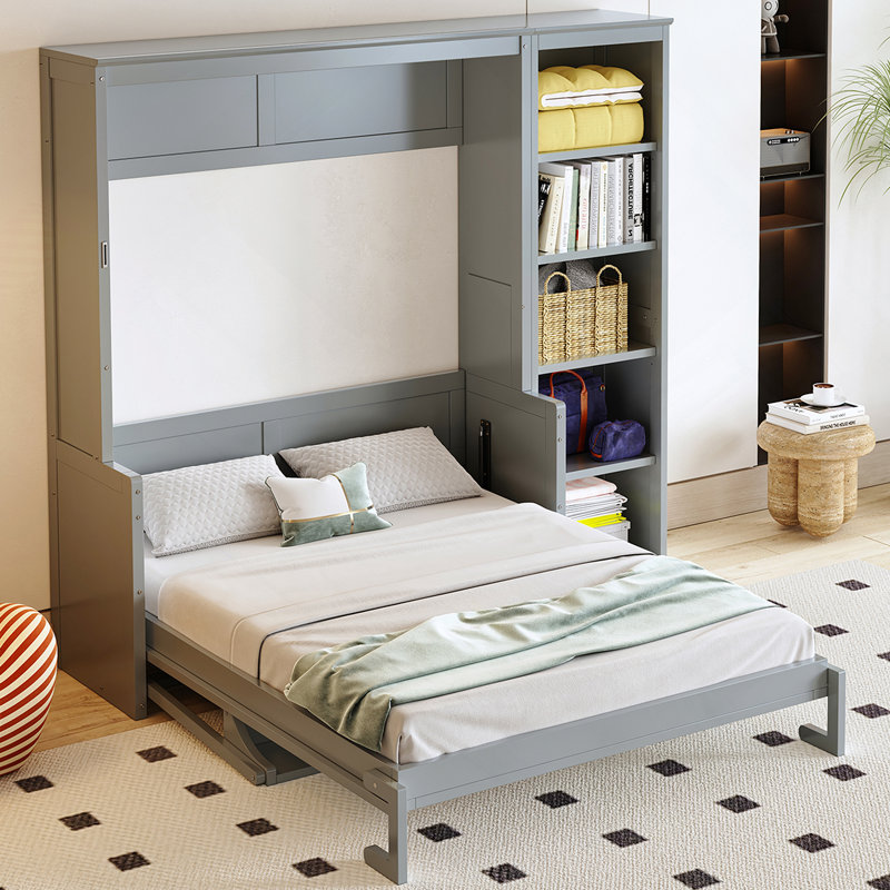 Structure de lit, lit escamotable avec bureau et bibliothèque, gris, Double
