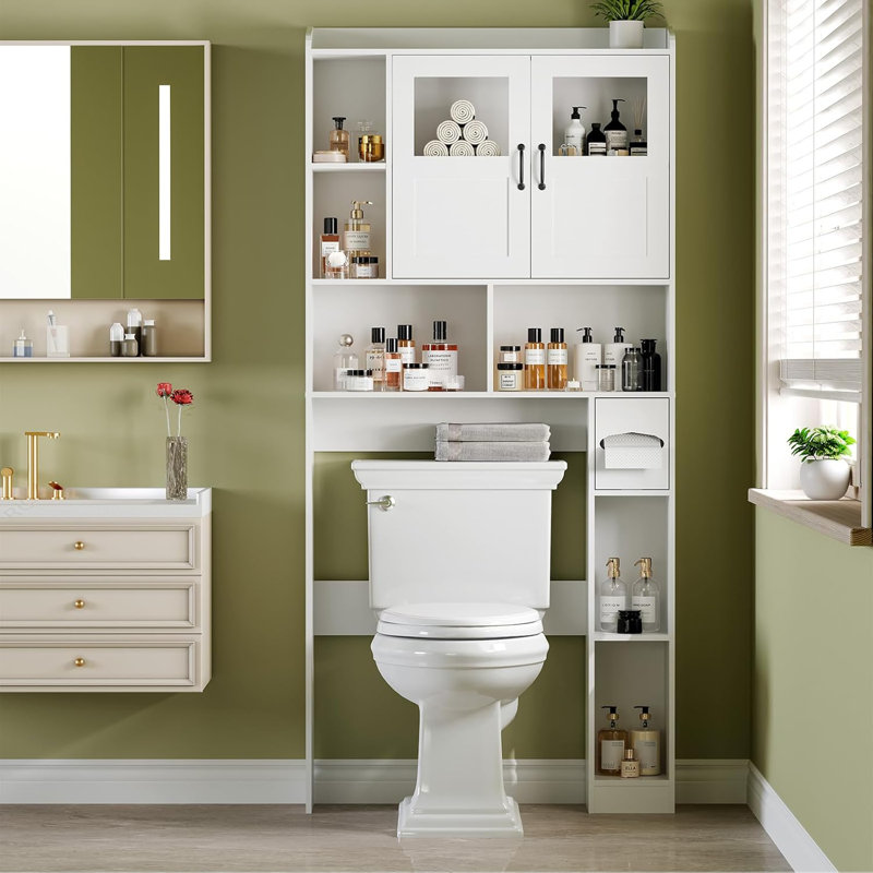 Over The Toilet Storage Cabinet with Adjustable Shelves, Tempered Glass Door, Open Shelving, White