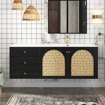 60 In. W X 20 In. D X 22 In. H Single Sink Wall-Mounted Bath Vanity In Black With White Aluminum Nano Alloy Top