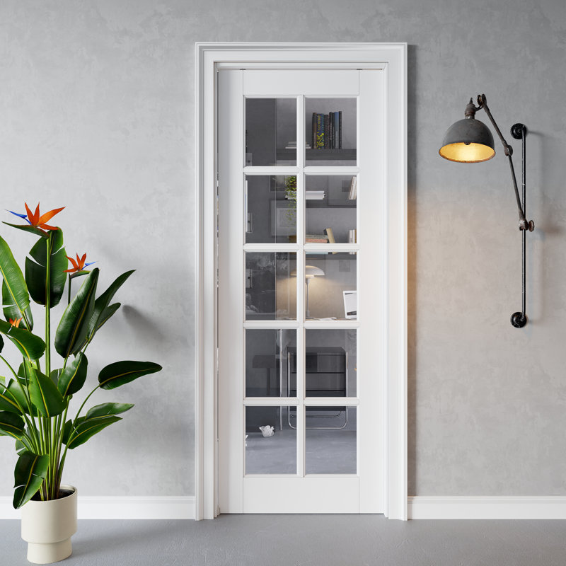 Porte coulissante intérieure à 10 carreaux en verre clair, en MDF CARB P2 et verre trempé SGCC, avec cadre renforcé et quincaillerie incluse, pour chambre à coucher, préfinie et imperméable, idéale pour garde-manger, chambre, salle de bain et placard, teinture facile à appliquer soi-même, 71 x 244 cm
