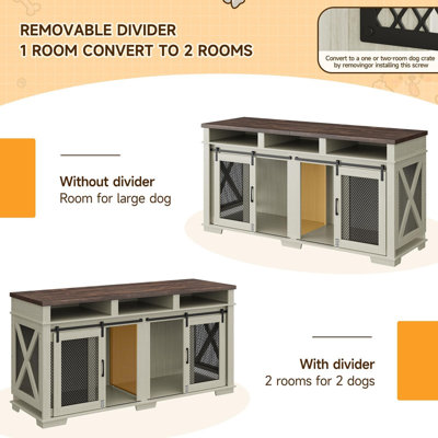 Table de bout 71 po pour cage de chien avec casiers de rangement et 2 portes de grange coulissantes - Séparateur amovible pour 2 chiens, blanc / noyer foncé