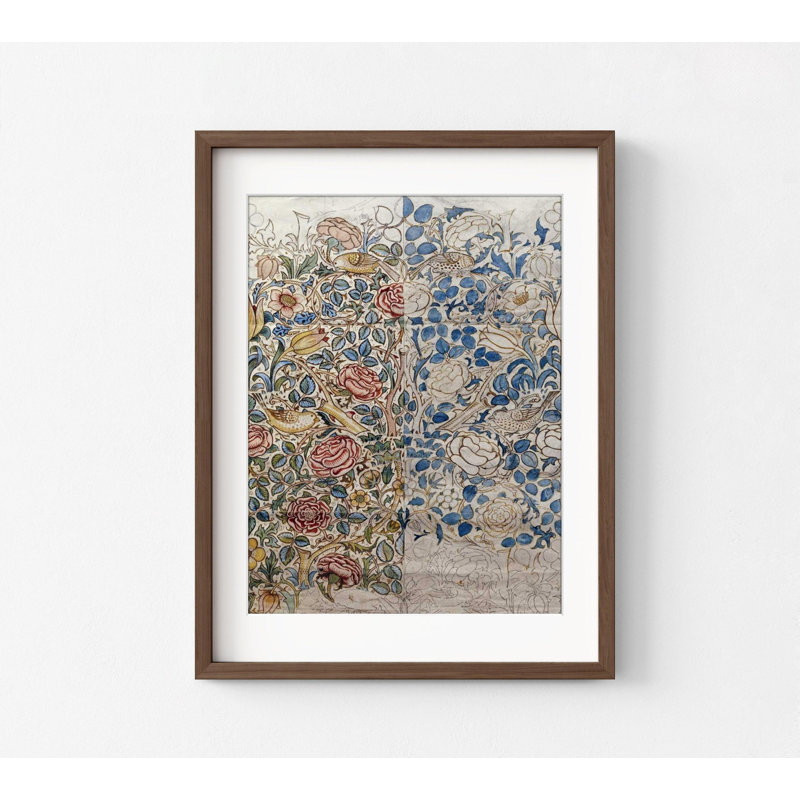 Conception pour Chintz: rose par William Morris, affiche imprimée oiseau, idée de petit oiseau, impression de feuilles bleu marine, décor de fleur blanche