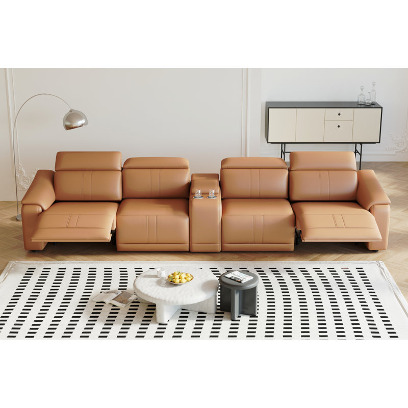 Power Recliner Sofa Set, 4-Seat Reclining Sectional Sofa With Adjustable Headrest & Power Recline, Breathable Leather With Storage Console & USB Ports, Easy Assembly Living Room Furniture Sets