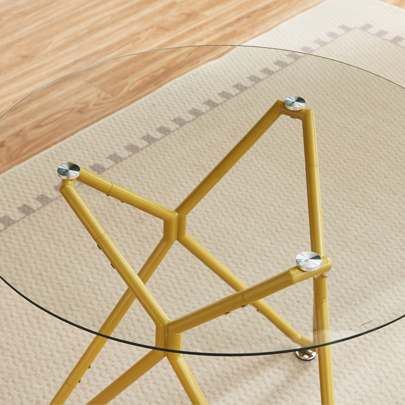 35.4" Tempered Glass Dining Table For 1-4 People, Space-Saving Small Kitchen Table With Sturdy Metal Legs, Suitable For Dining Room & Living Room (Gold)