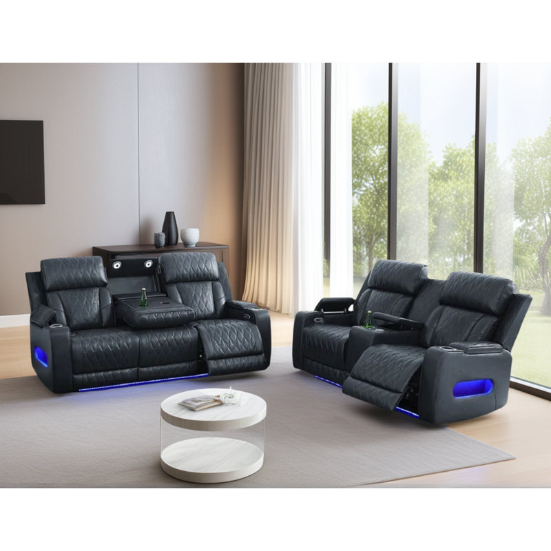 Ensemble de salon inclinable électrique 2 pièces avec appuis-tête réglables, microphone sans fil, recharge sans fil, ports USB, éclairage à DEL bleu, table rabattable, porte-gobelets et rangement dissimulé