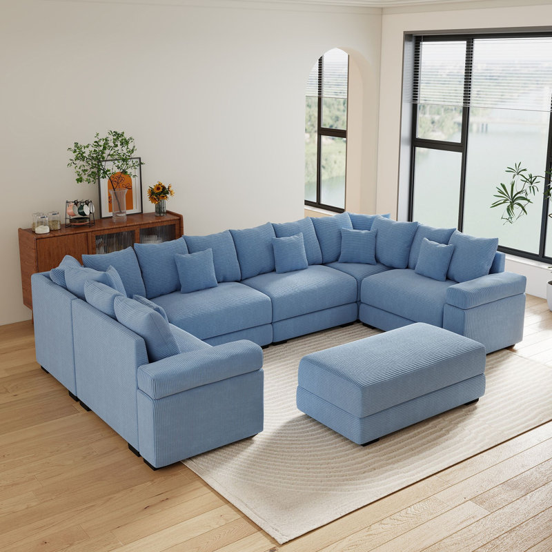 7-Piece 137.9" Wide Modular Sectional Sofa Oversized Corduroy Deep Seat Cloud Corner Couch With 46" W Movable Ottoman & Pillows