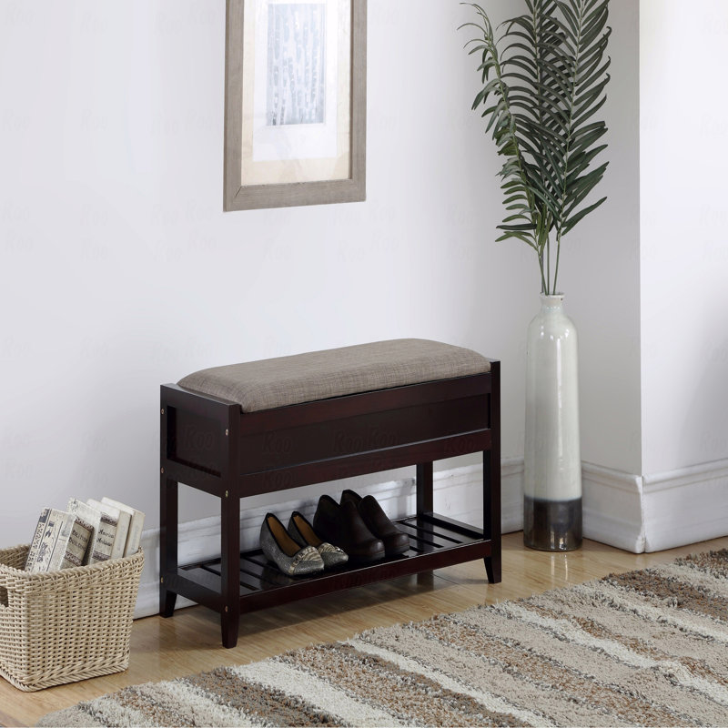 Espresso Wood Shoe Storage Bench with Gray Cushion