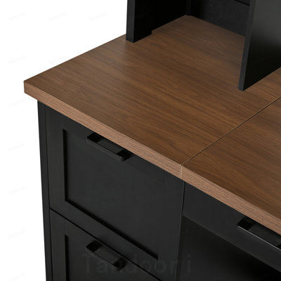 Bureau d'ordinateur Farmhouse avec arche avec huche, poste de travail Mid-Century en noyer avec station de charge et plateau à clavier, bureau d'écriture tout-en-un avec tiroir classeur pour bureau, bureau