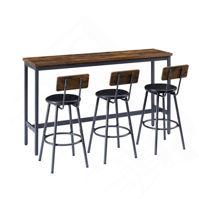 63" Industrial Long Bar Table Set with 3 PU Upholstered Stools, Rustic Brown & Black for Kitchen & Living Roo
