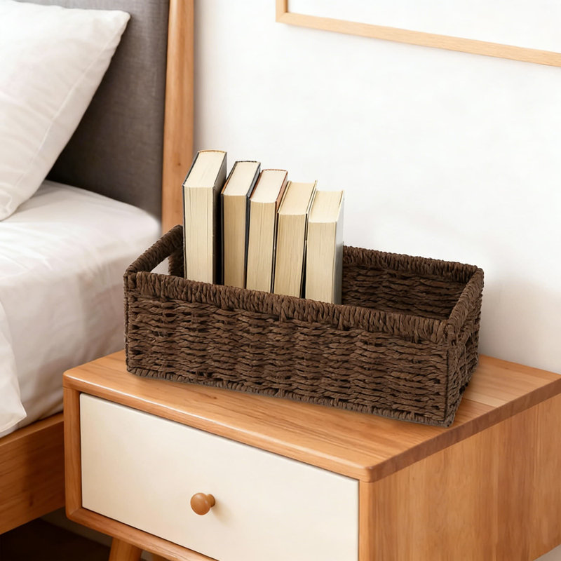 Handwoven Paper Rope Storage Basket Set, Foldable Wicker Organizer Bins With Handles For Bathroom Countertop, Toilet Tank, And Home Organization