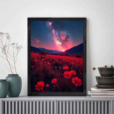 Reproduction d'art sur toile de qualité supérieure avec cadre en bois noir champ de fleurs sous le ciel nocturne prêt à accrocher