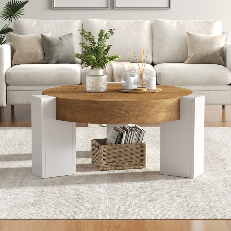 Round Coffee Table, 31.5" Circle Farmhouse Coffee Table, Wood Table And Center Table For Livingroom,White&Brown