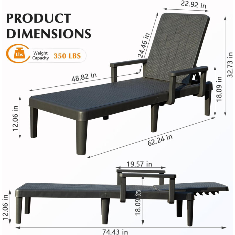 Chaises longues d'extérieur avec dossier réglable (ensemble de 2), Gris foncé
