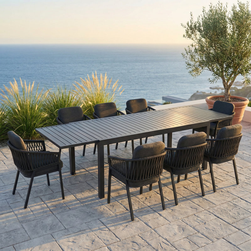8-people Aluminum Outdoor Patio Extendable Dining Set With Rope Chairs & Elegant Table, 8